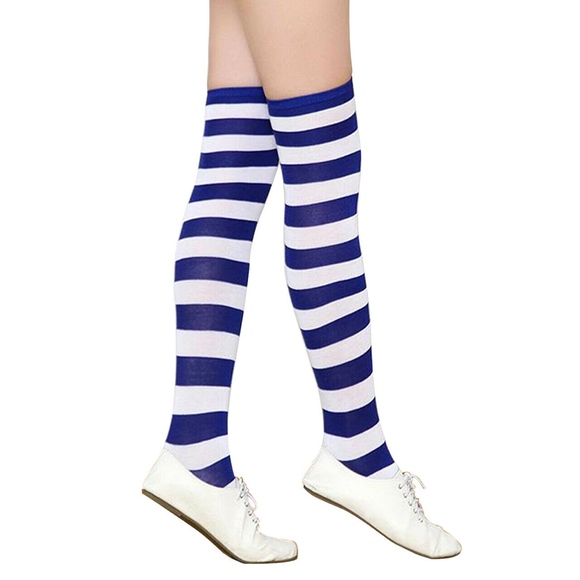 Women's Striped Socks Blue & White Thigh High Warm Over the Knee Socks NEW - Picture 4 of 5